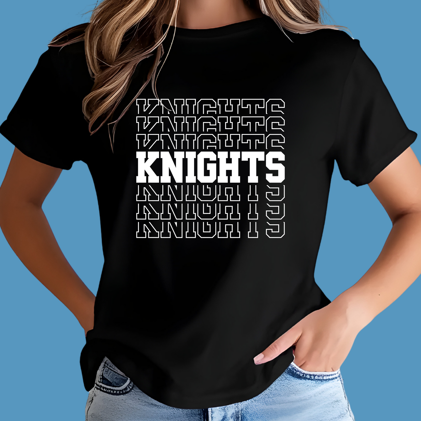 Person wearing a black t-shirt with 'Knights' text design on a blue background Knights School Spirit Shirt - Knights Stacked - Knights Spirit Tee