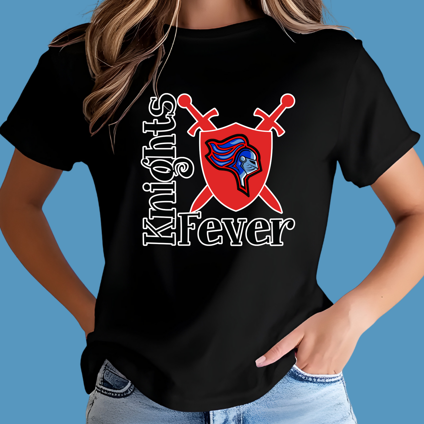 Person wearing a black t-shirt with 'Knights Fever' design on a blue background Knights School Spirit Shirt - Knights Fever - Rep the Knights Tee