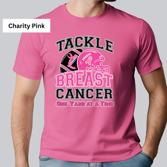 Pink t-shirt with 'Tackle Breast Cancer One Yard at a Time' text and graphics on a gray background October Awareness Shirt - Tackle for a Cause One Yard at a Time Tee