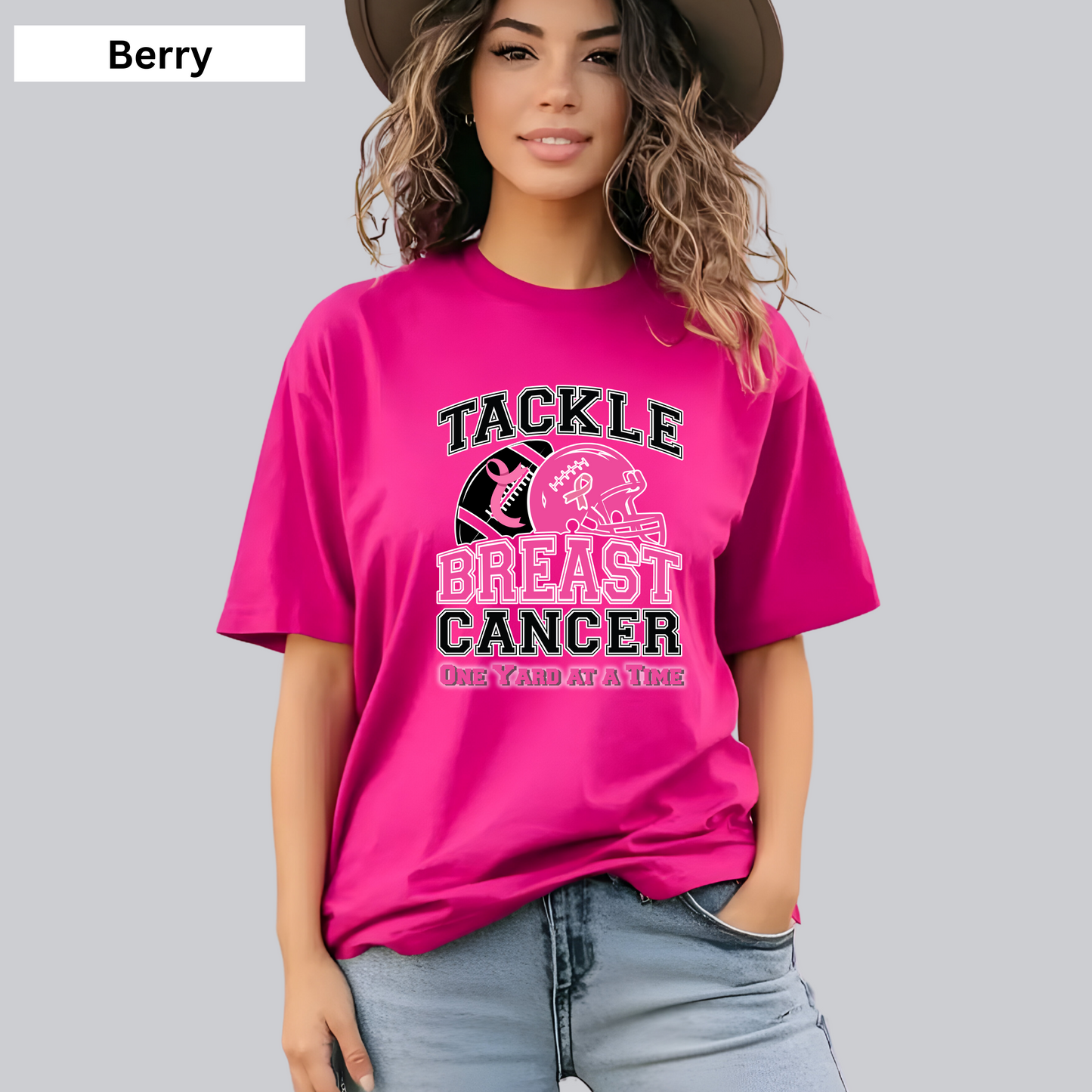 Woman wearing a pink 'Tackle Breast Cancer' t-shirt on a gray background October Awareness Shirt - Tackle for a Cause One Yard at a Time Tee