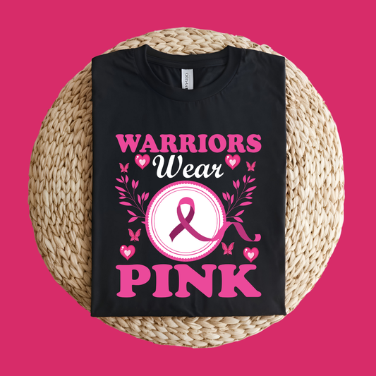 Black t-shirt with 'Warriors Wear Pink' design featuring a pink ribbon on a pink background. Pink Ribbon T-Shirt: Warriors Wear Pink Support Awareness Tee