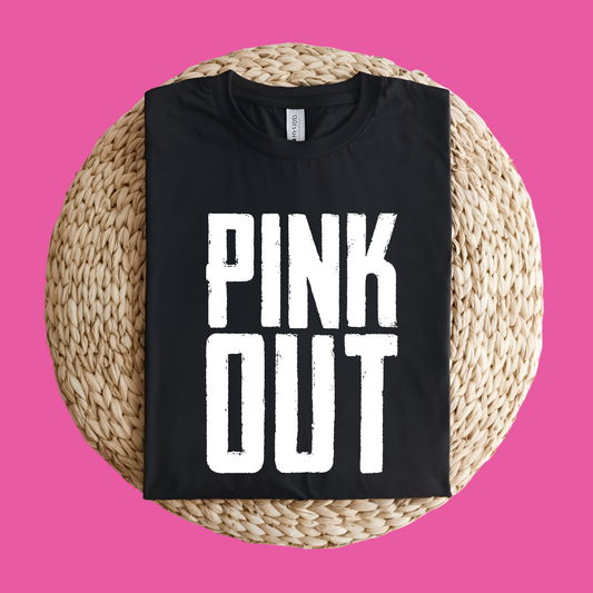 Black t-shirt with 'PINK OUT' text on a woven mat with a pink background Pink Ribbon Tee: PINK OUT Support Awareness Graphic T-Shirt