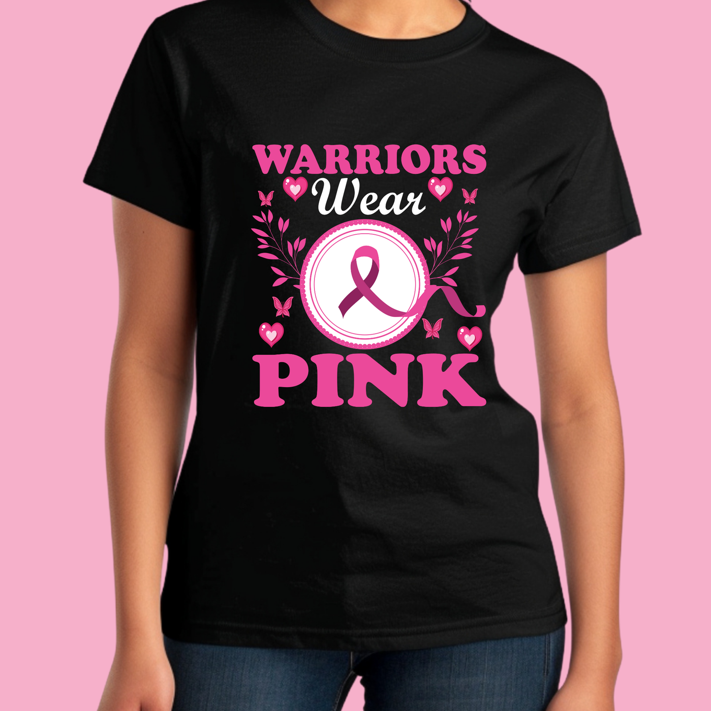 Black t-shirt with 'Warriors Wear Pink' design featuring a pink ribbon on a pink background. Pink Ribbon T-Shirt: Warriors Wear Pink Support Awareness Tee