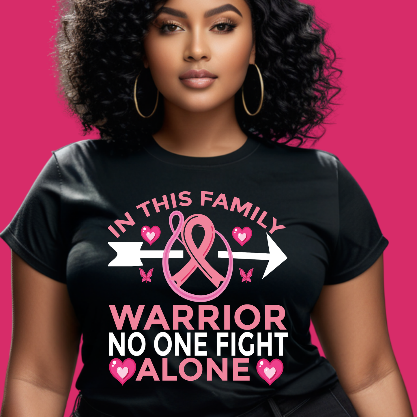 Woman wearing a black t-shirt with a pink breast cancer awareness design on a pink background Pink Ribbon T-Shirt: In This Family No One Fight Alone Support Tee