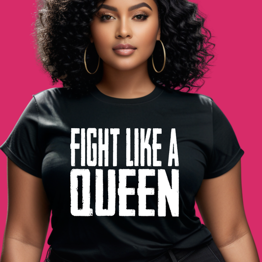 Woman wearing a black t-shirt with 'Fight Like a Queen' text on a pink background Pink Ribbon Tee: FIGHT LIKE A QUEEN - Powerful Empowerment T-shirt
