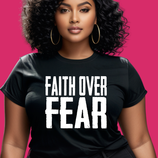 Woman wearing a black t-shirt with 'Faith Over Fear' text on a pink background Pink Ribbon Tee: FAITH OVER FEAR Bold Support Statement T-Shirt