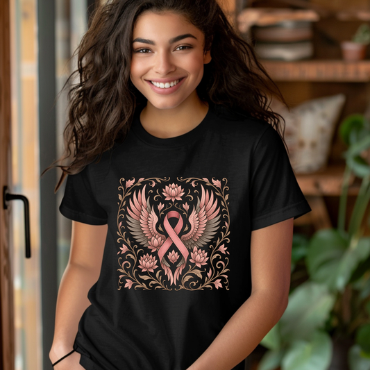 Woman wearing a black t-shirt with a pink ribbon design, standing indoors. Pink Ribbon Tee: Boho Bold Pink Ribbon Tee - Supportive Awareness T-shirt