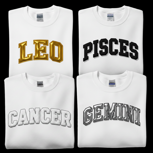 Custom Zodiac Puff Print Sweatshirts - Embossed Puff Zodiac (White) Crewneck Sweatshirt