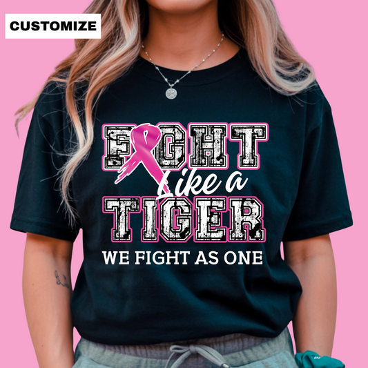 Person wearing a black t-shirt with a pink ribbon design and text on a pink background Custom Mascot T-Shirt: Fight Like a "Mascot" - Game Day Breast Cancer Support Tee