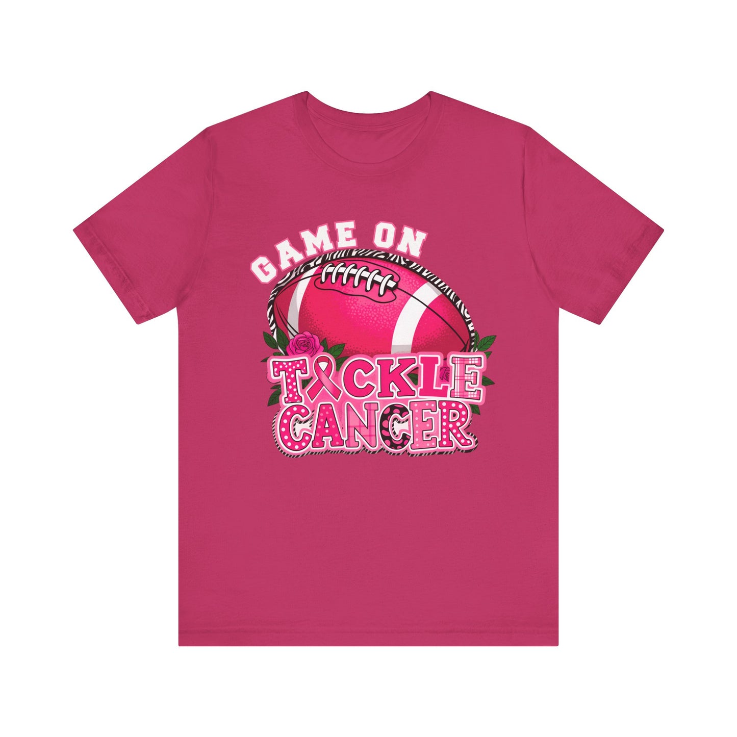 Pink t-shirt with 'Game On Tackle Cancer' design on a white background Pink Out Football T-Shirt: Game On Tackle Awareness Support Tee