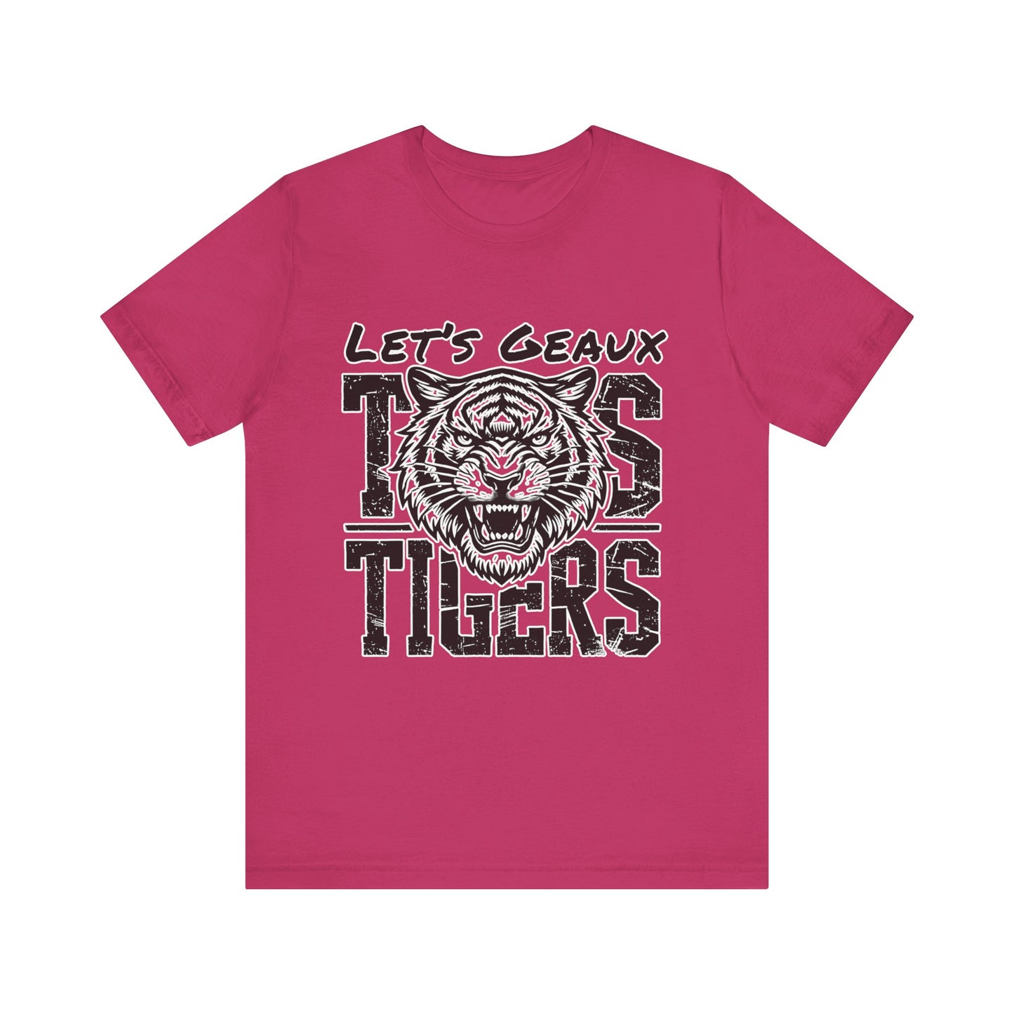 Pink t-shirt with a tiger graphic and text on a white background Let's Geaux Tigers T-Shirt - Fierce Tiger Graphic Game Day Tee