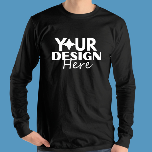 Black long-sleeve shirt with 'Your Design Here' text on a blue background Taylor-Made Custom Long Sleeve Shirt - Personalized Design Tee - Front Design Only