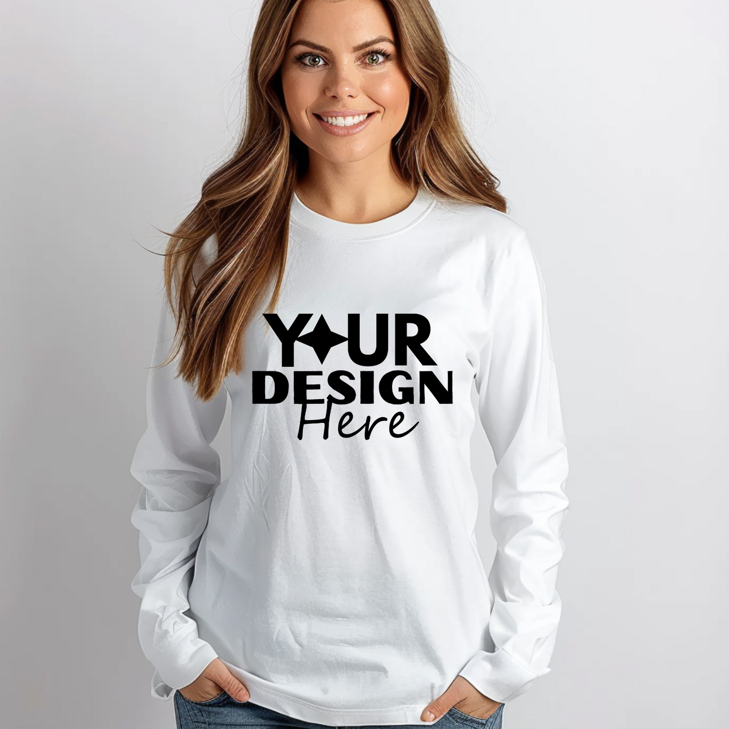 White long-sleeve shirt with 'Your Design Here' text on a gray background Taylor-Made Custom Long Sleeve Shirt - Personalized Design Tee - Front Design Only
