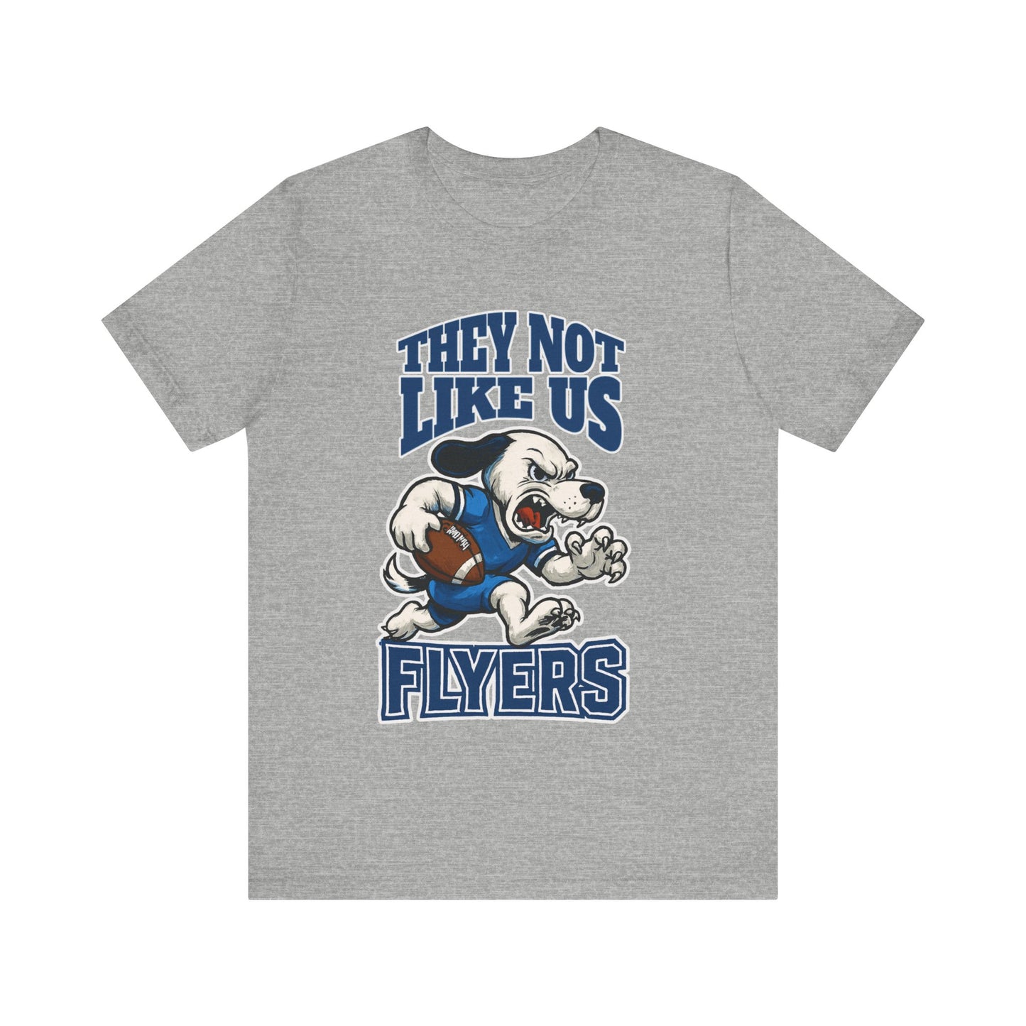 Gray t-shirt with a graphic of a dog and text on a white background Flyers Mascot T-Shirt: "They Not Like Us" Flyers Game Day Graphic Tee