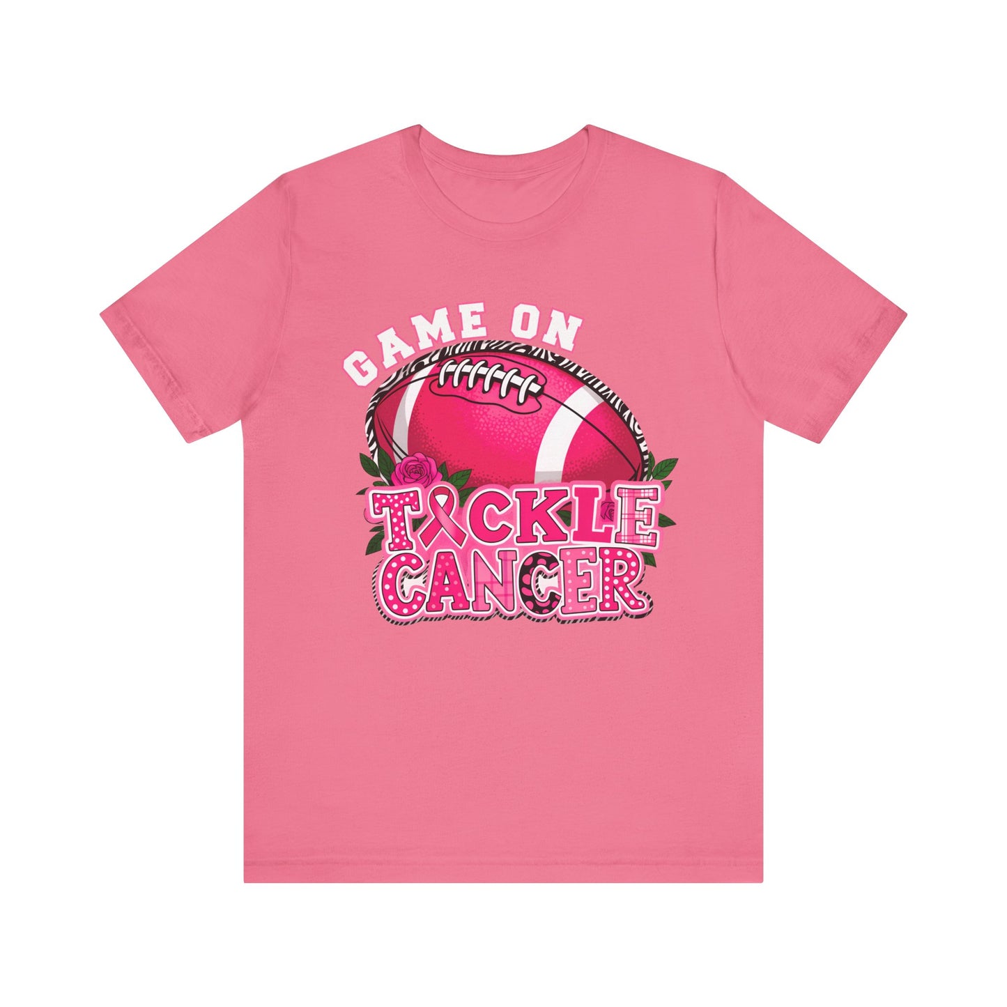 Pink t-shirt with 'Game On Tackle Cancer' design featuring a football and roses on a white background.
