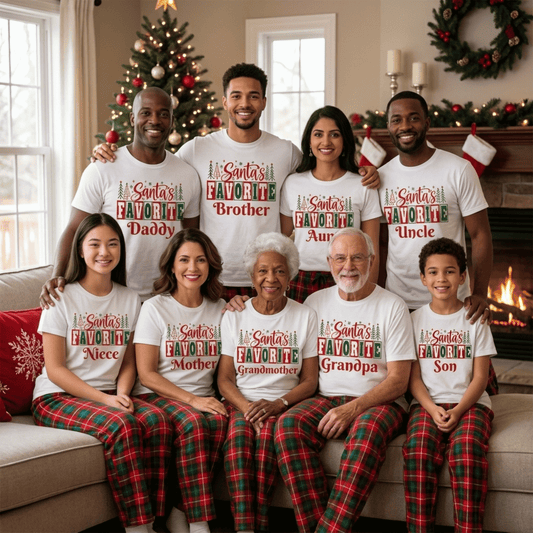 Custom "Santa's Favorite" Christmas Shirt | Matching Family Holiday Tee Customizable white crewneck sweatshirts featuring a festive 'Santa's Favorite' Christmas graphic for Grandma, Daddy, and family holiday matching.