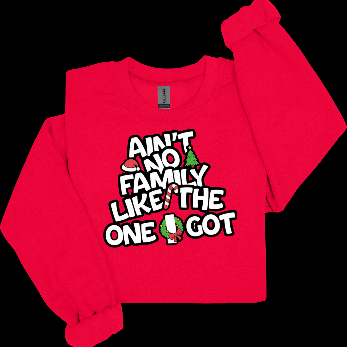 Red sweatshirt with text design on a black background