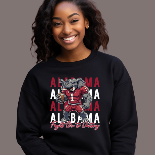 Person wearing a black sweatshirt with Alabama-themed design on a brown background Alabama Football "Fight on to Victory" Alabama Crimson Tide University Crewneck Sweatshirt