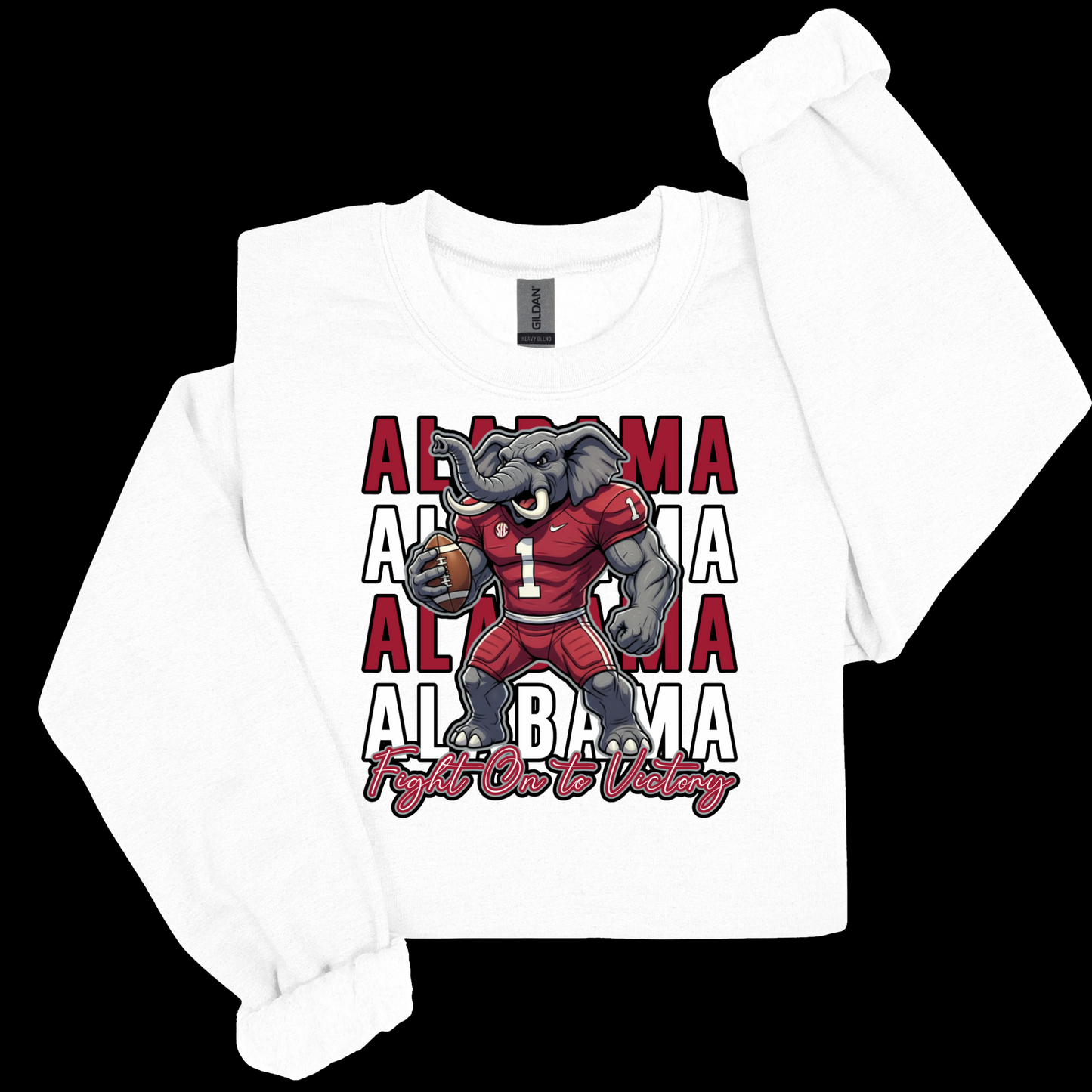 White sweatshirt with Alabama-themed design featuring a bear mascot and text. Alabama Football "Fight on to Victory" Alabama Crimson Tide University Crewneck Sweatshirt