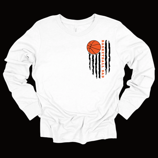 Basketball Dad Long Sleeve Shirt: "Basketball Dad" Front and Back Flag Design Basketball Dad: A perfect gift for basketball dads who want to proudly cheer on their children from the sidelines with a distinctive and stylish shirt.