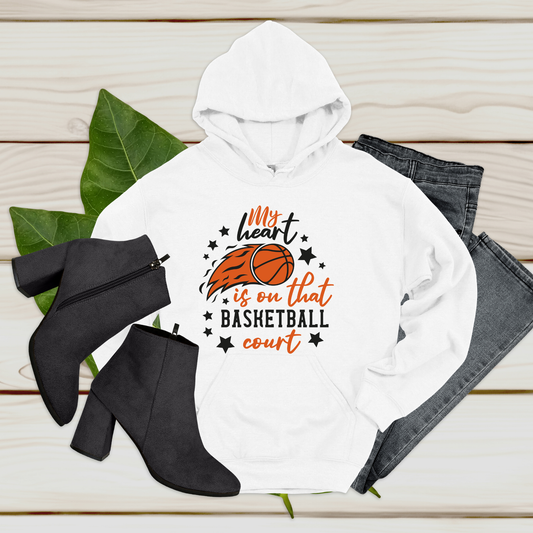 Basketball Mom "My Heart is on that Basketball Court" Cozy & Sassy Hoodie ideal for boys and girls basketball players, team moms, and supports of basketball