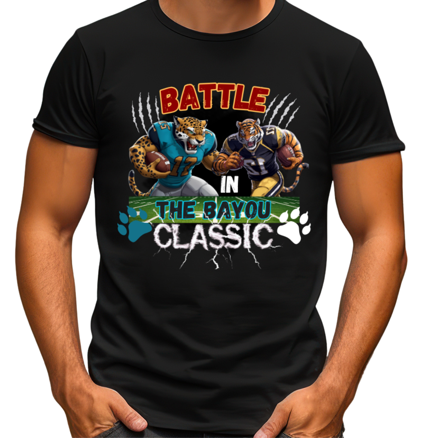 Black t-shirt with sports-themed graphic and text 'Battle in the Bayou Classic' on a white background Bayou Classic: Battle in the Bayou Classic Game Day Unisex T-Shirt