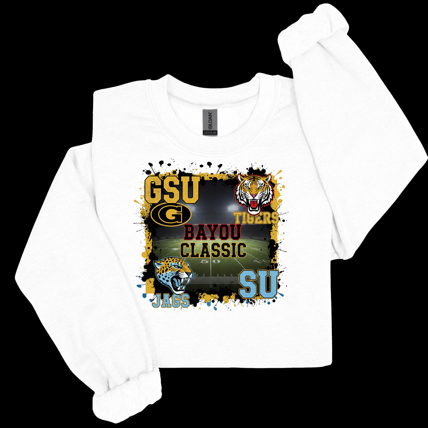 White long-sleeve shirt with sports-themed graphic design on a white background Bayou Classic Football Sweater - Grambling State GSU Tigers vs. Southern University SU Jags Sweater