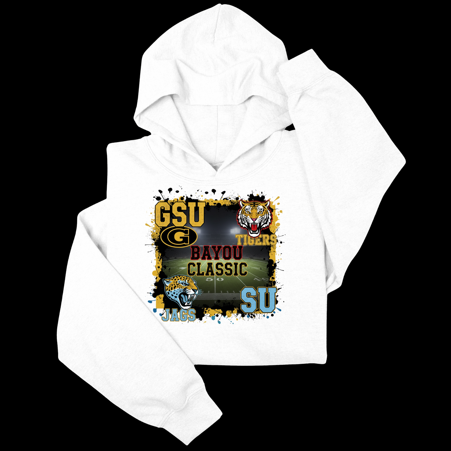 White hoodie with sports-themed design on a black background Bayou Classic Football Hoodie - Grambling State GSU Tigers vs. Southern University SU Jags Hoodie