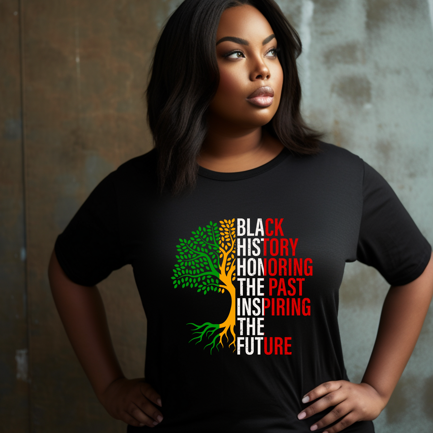 Women's t-shirt featuring the phrase "Black History: Honoring The Past, Inspiring the Future," celebrating Black heritage and empowerment with bold, inspiring text to celebrate Black History and Cultural Pride with this shirt