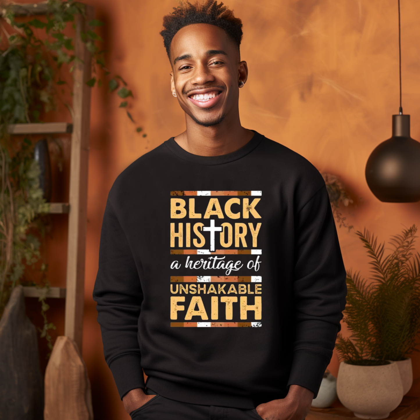 A smiling person wearing a black unisex sweatshirt with text 'BLACK HISTORY a heritage of UNSHAKABLE FAITH' on it, standing in a room with plants and wooden furniture. Black History Sweater: Heritage of Unshakable Legacy Unisex Sweatshirt