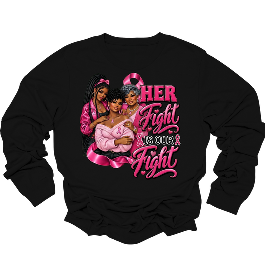 A black long-sleeve crewneck sweatshirt featuring a pink graphic on the front with a breast cancer ribbon, boxing gloves, the words 'Breast Cancer' and 'WARRIOR', and small heart accents, shown on a plain white background.
