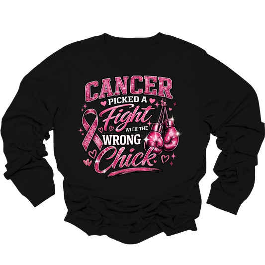 A black long-sleeve crewneck sweatshirt featuring a graphic print on the front. The graphic shows three women in pink clothing sitting together behind a pink ribbon, with the text 'HER Fight IS OUR Fight' in pink and white lettering.
