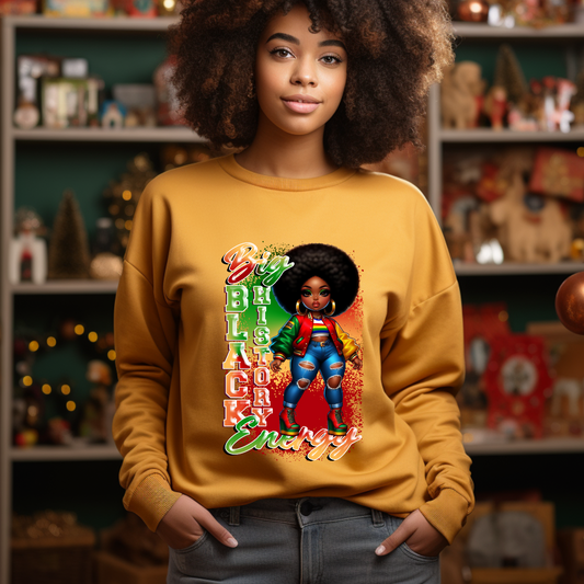 Black history month pride African American Women wearing a Mustard Yellow Black History Big Energy Afro American Women displaying Pride in Black Culture on a Sweatshirt Sweater