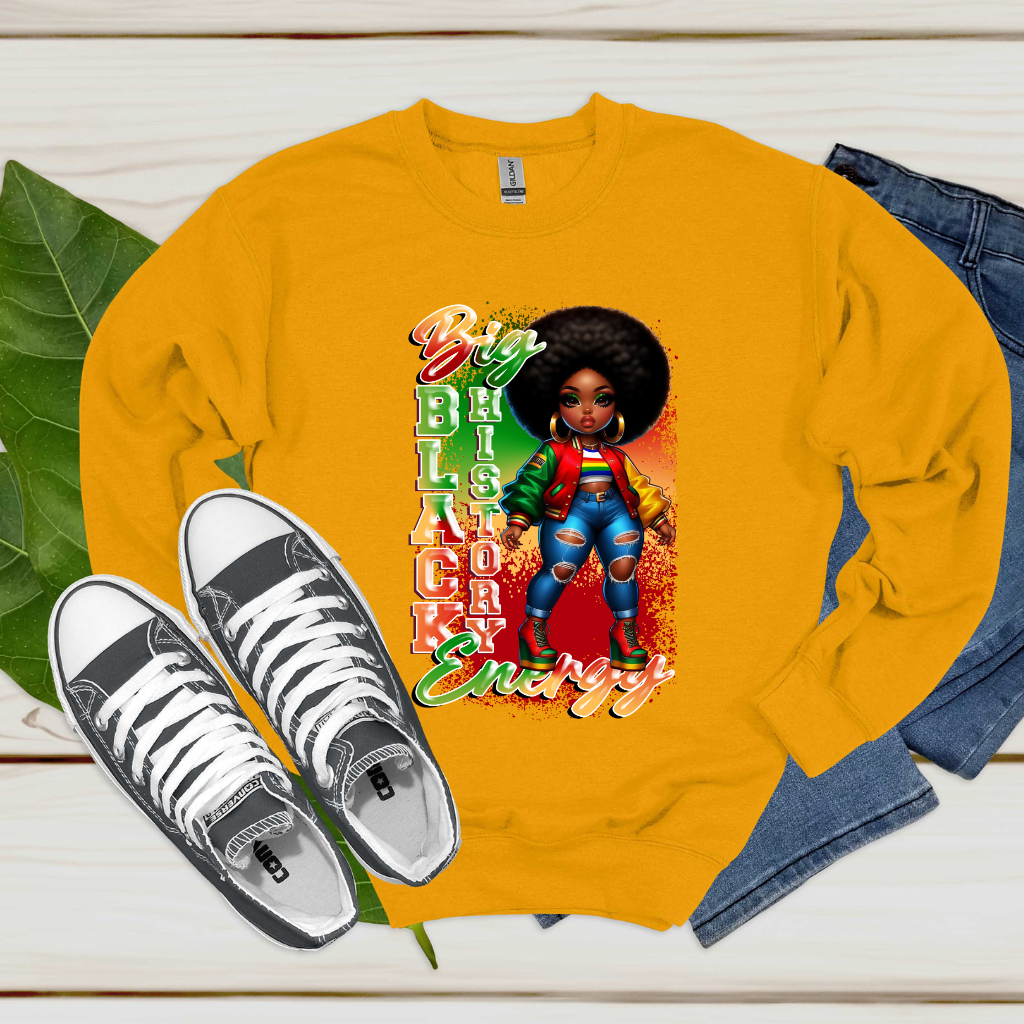 Black history month pride African American Women wearing a Yellow Gold Black History Big Energy Afro American Women displaying Pride in Black Culture on a Sweatshirt Sweater