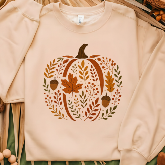Beige sweatshirt with a pumpkin design featuring leaves and acorns on a wooden surface.