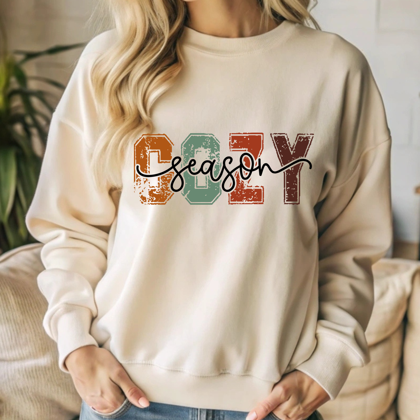 Cozy Season Sweatshirt: Vintage Block Letter Crewneck Sweater