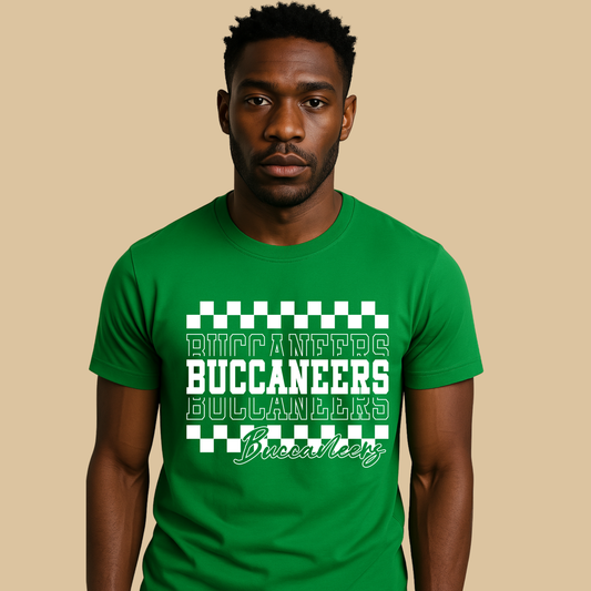 Man wearing a green t-shirt with 'Buccaneers' text on a beige Custom Mascot Shirt - Buccaneers Layered Game Day Cool School Spirit Teebackground