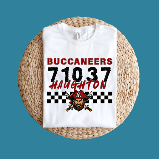 Black t-shirt with 'Tiger Nation' design on a woven mat, Custom Mascot Shirt - Buccaneers Zip Code School Spirit Tee Shirt