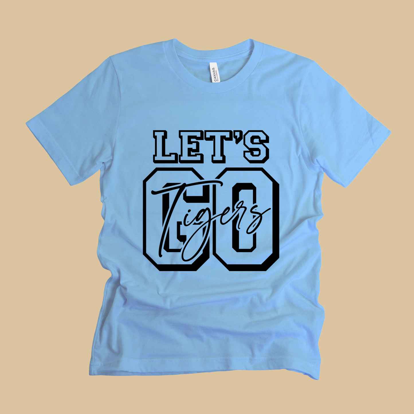 Light blue t-shirt with 'LET'S GO tigers' text on a beige background Custom Mascot Shirt - Let's Go Tigers Game Day Spirit Wear
