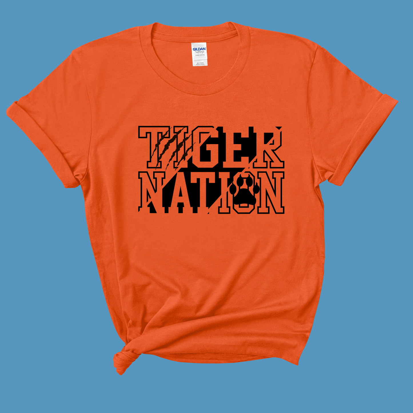 Orange t-shirt with 'Tiger Nation' text on a blue background , Custom Mascot Shirt - Tiger Nation - School Spirit Tee Shirt