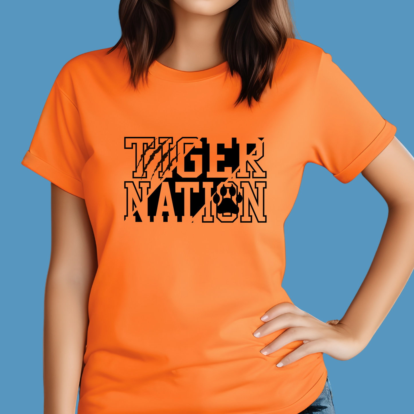 Person wearing an orange t-shirt with 'Tiger Nation' text on a blue background, Custom Mascot Shirt - Tiger Nation - School Spirit Tee Shirt
