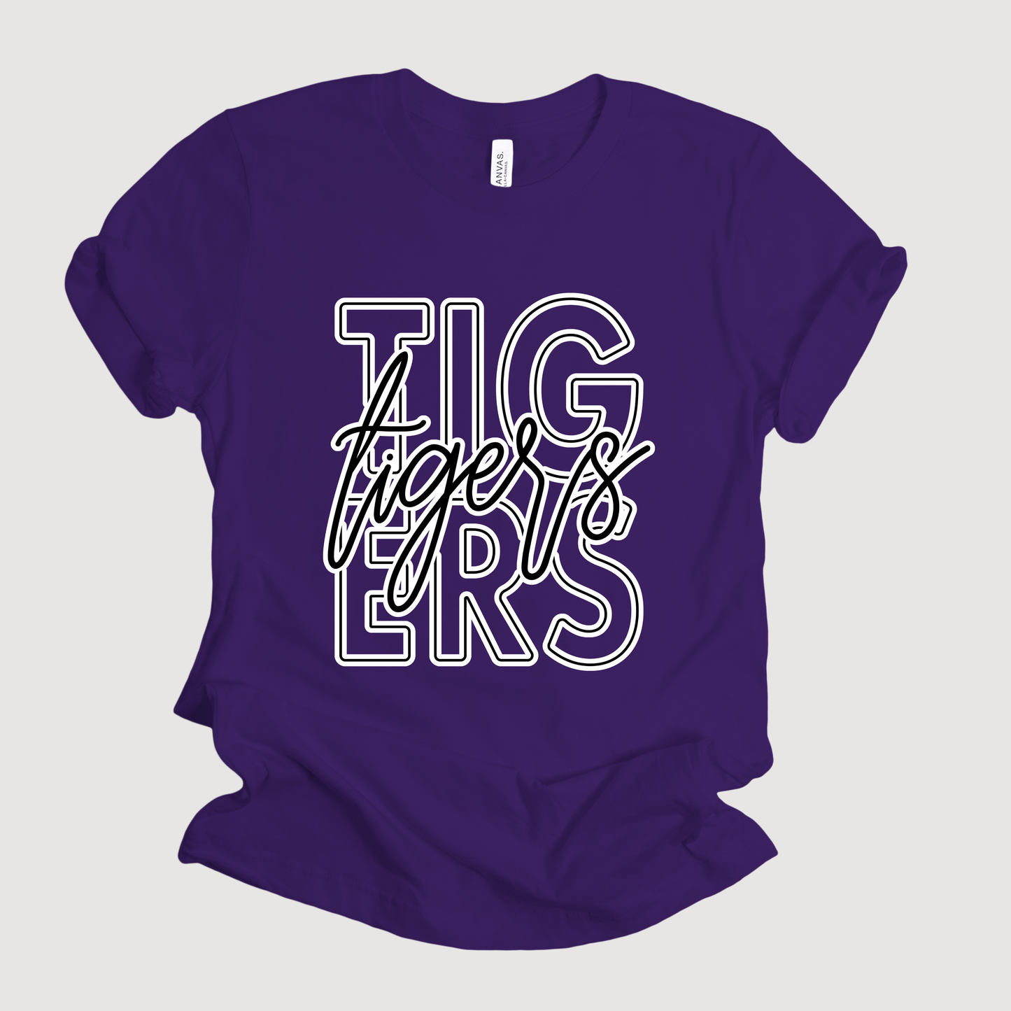Purple t-shirt with 'TIGERS' printed on it against a light gray background Custom Mascot Shirt - Tigers Mascot Game Day Spirit Wear