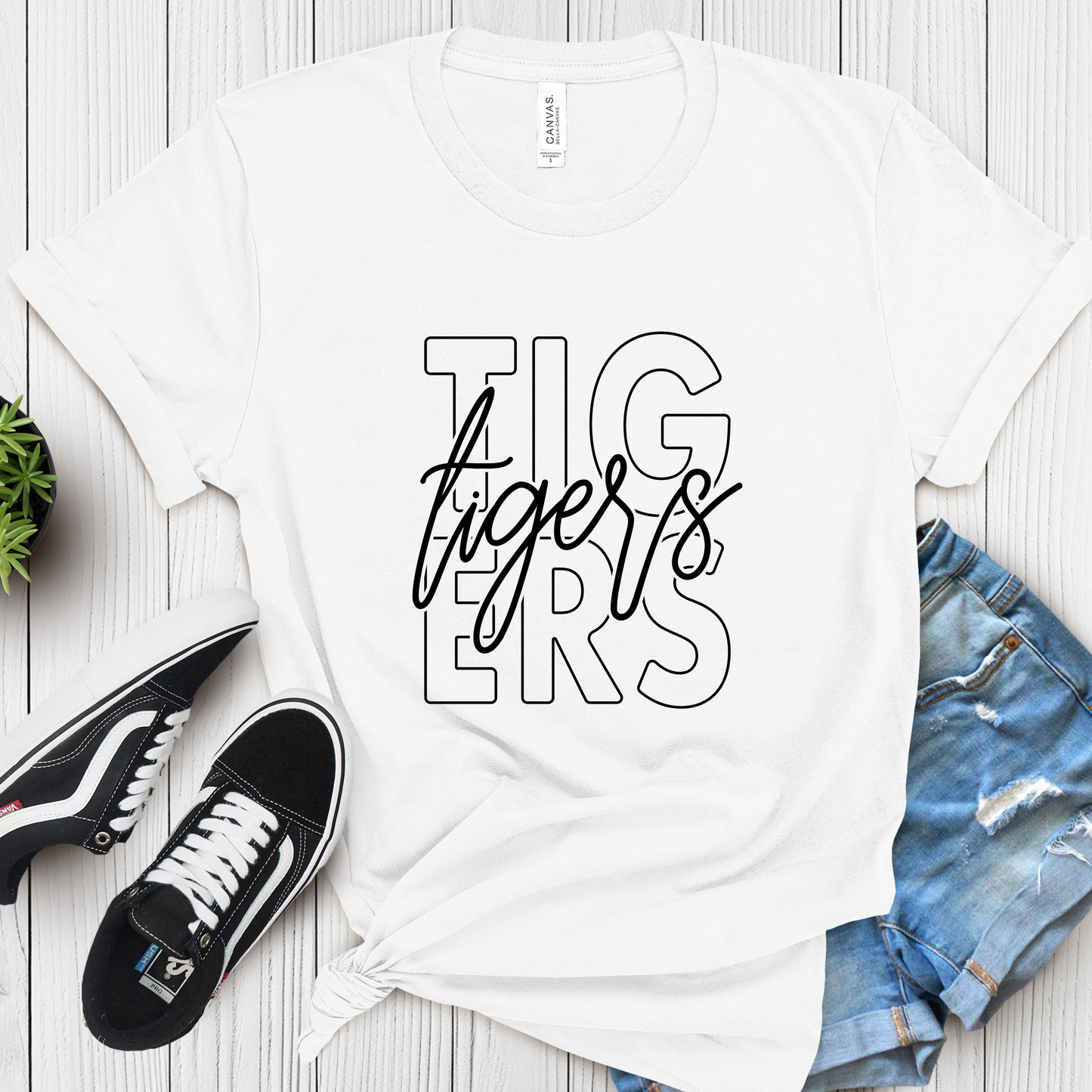 Custom Mascot Shirt - Tigers Mascot Game Day Spirit Wear TIGERS WHITE MASCOT TYPOGRAPHY TEE