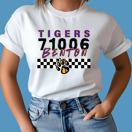 Person wearing a white t-shirt with 'Tigers 71006 Benton' design on a blue background, Custom Mascot Shirt - Tigers Zip Code School Spirit Tee Shirt