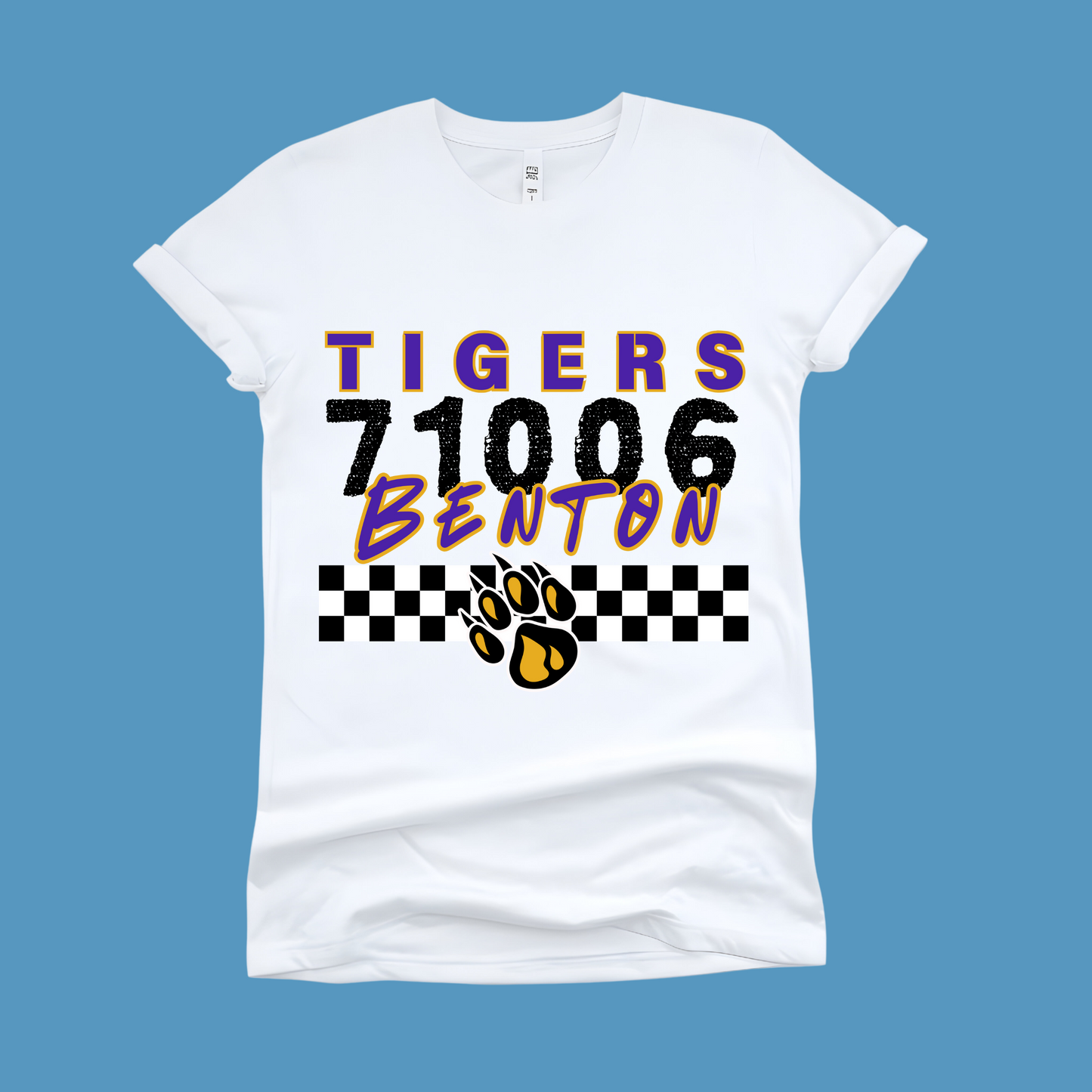 White t-shirt with 'Tigers 71006 Benton' design on a blue background, Custom Mascot Shirt - Tigers Zip Code School Spirit Tee Shirt