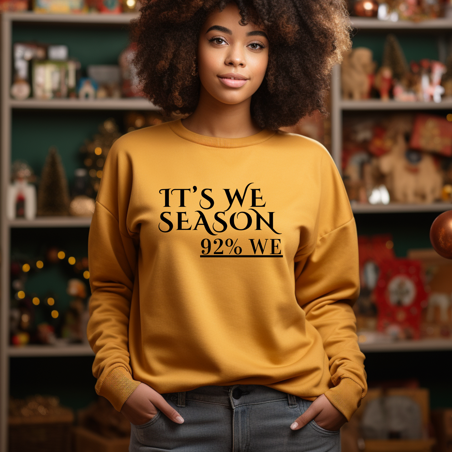 Empowering Sweater "IT'S WE SEASON, 92% WE" Cozy Women's Sweatshirt A great gift for Black women who value unity, support, and collective success, and who appreciate motivational messages and stylish designs.
Add the "IT'S WE SEASON, 92% WE" apparel to your wardrobe and embrace the spirit of unity and empowerment. Grab yours today and celebrate the strength and success of Black women working together!