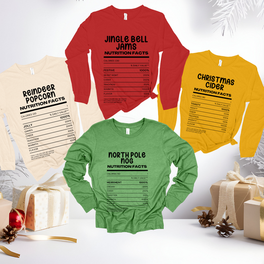 Family Funny Matching Christmas Food Nutritional Facts red Bella Canva Long Sleeve Tshirt
