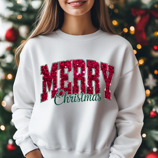 Merry Christmas Sweater: Faux Glitter Crewneck Women's Cozy Sweater Merry Christmas Shirt, Faux Glitter Christmas Tee, Women's Christmas Apparel Sweater, Glittery Christmas Letters, Festive Christmas Tee, Women's Holiday Fashion, Merry Christmas Glamorous Christmas Shirt