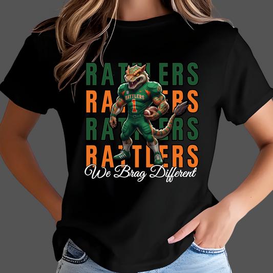 Black t-shirt with a cartoon dinosaur football player and text on a gray background