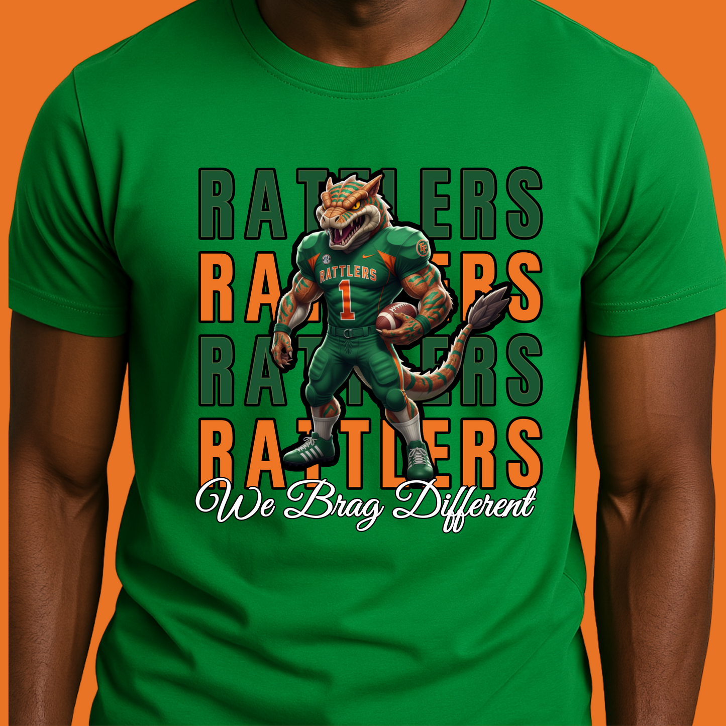 Green t-shirt with a cartoon rattler and text on an orange background Florida Football T-Shirt: "We Brag Different" Florida Game Day Tee